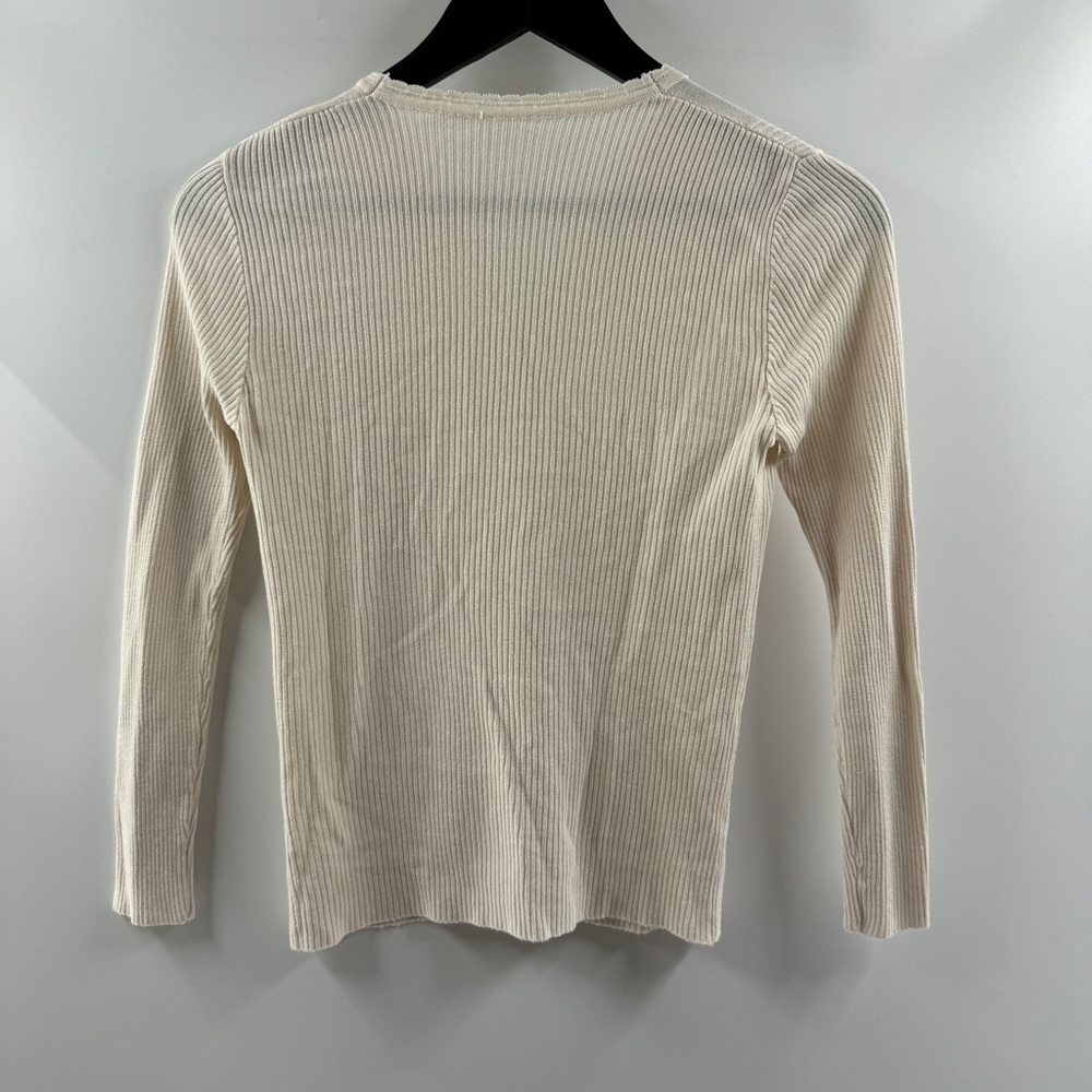 Ivory / Cream Lightweight Ribbed Sweater – Floral Embroidery, Button Front, S/M - Picture 5 of 7